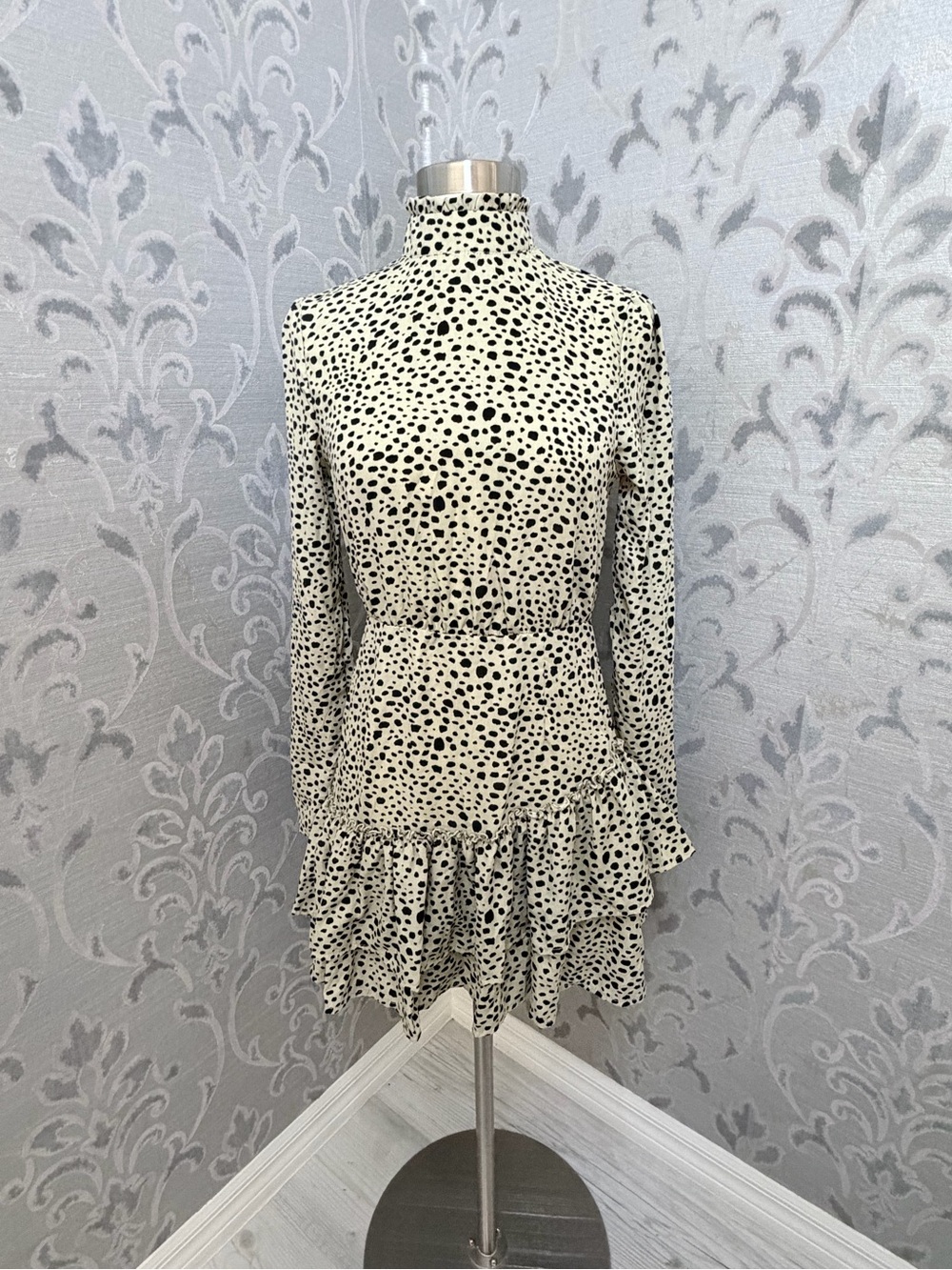 High-Neck Long Sleeve Black Dot Ruffle Dress